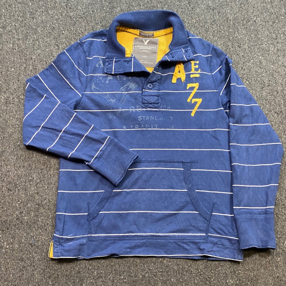 American Eagle Rugby Sweatshirt Sz L Mens Blue Skater Grunge AE 77 Applique